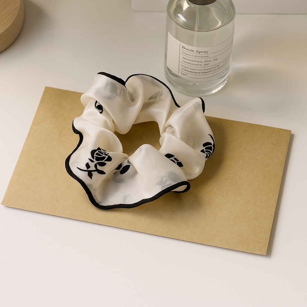 Monochrome Floral Satin Scrunchie