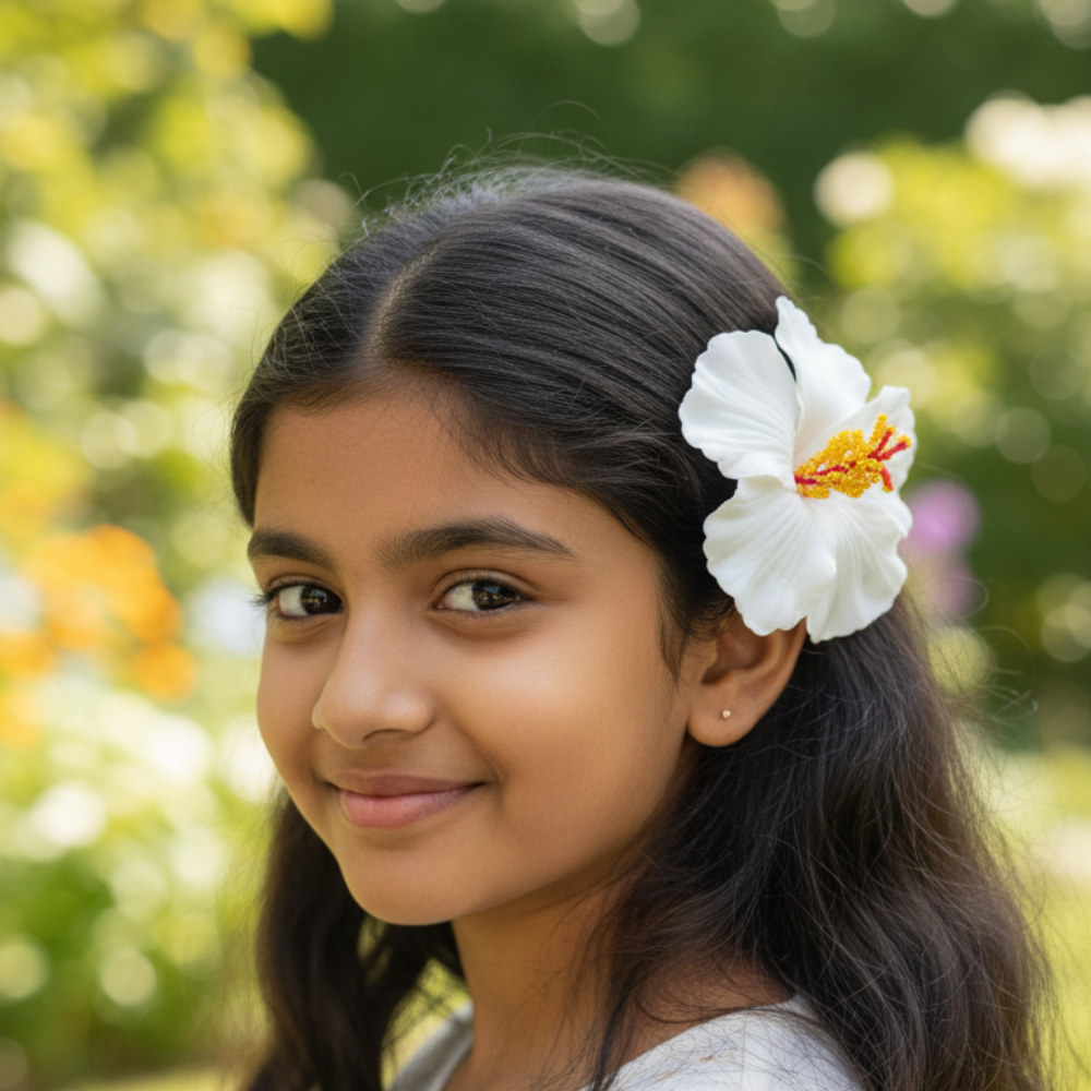 A girl wearing Hibiscus rosa-sinensis white Flower Hair Side Pin