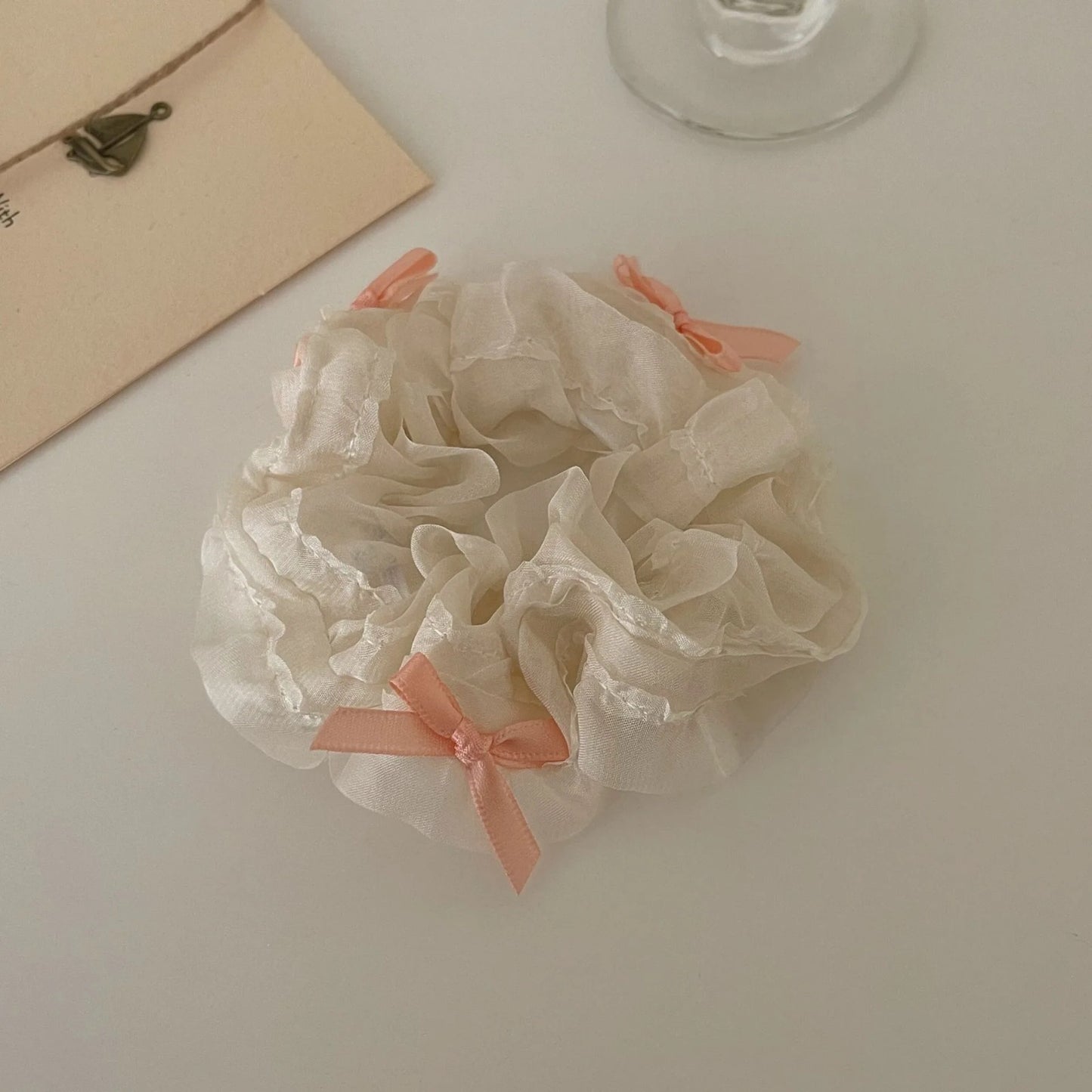 Cream Ruffle Scrunchie with Bows