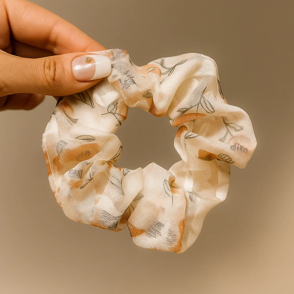 Ivory Leaf Pattern Scrunchie
