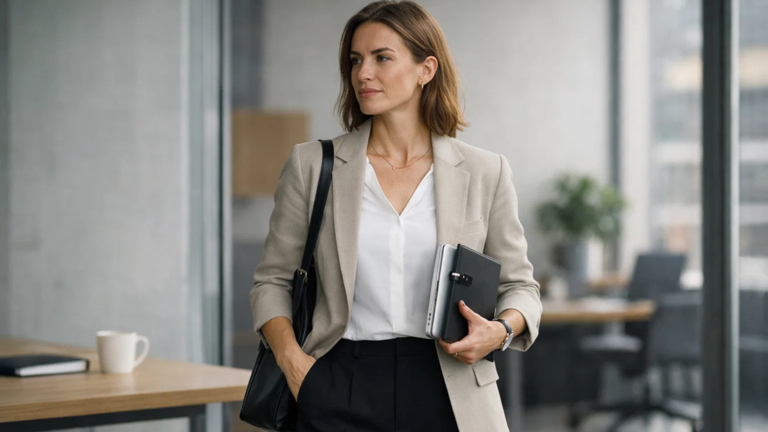 Woman wearing a neutral blazer and trousers styled with minimal accessories for a polished everyday outfit
