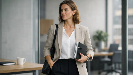 Woman wearing a neutral blazer and trousers styled with minimal accessories for a polished everyday outfit