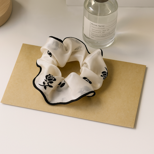 Monochrome Floral Satin Scrunchie