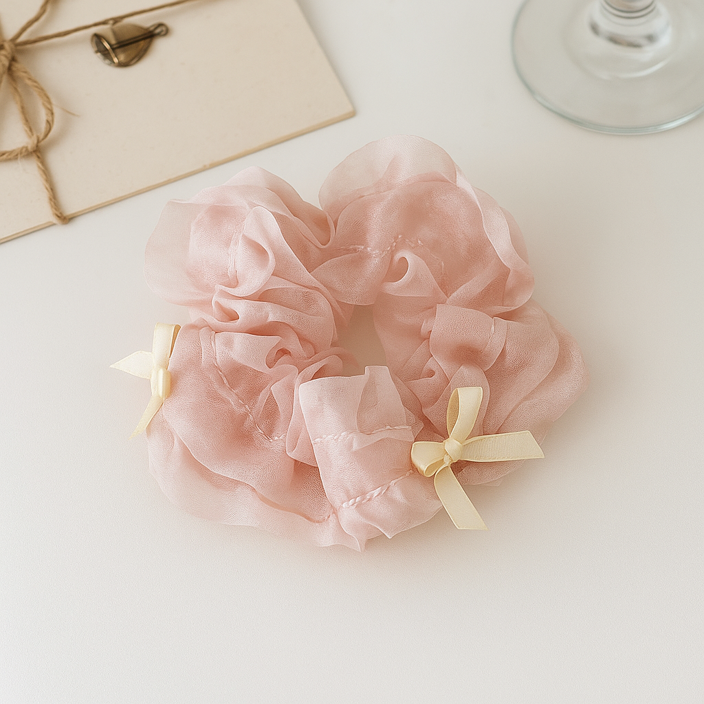 Cream Ruffle Scrunchie with Bows
