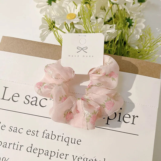 Embroidered Rose Pink Scrunchie