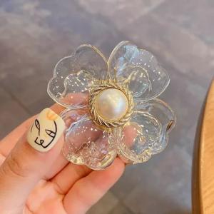 Mocha Brown Floral Pearl Claw Clip – Korean Elegant Hair Accessory for Women