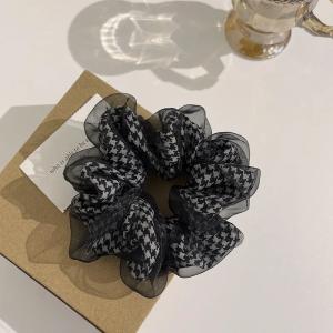 Cream Heart Print Organza Scrunchie – Korean Elegant Hair Accessory