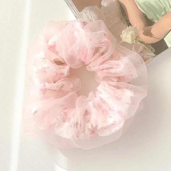 Sky Blue Floral Organza Scrunchie – Korean Elegant Hair Accessory for Women
