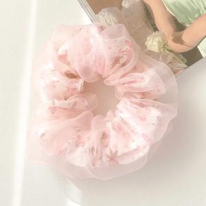 Sky Blue Floral Organza Scrunchie – Korean Elegant Hair Accessory for Women