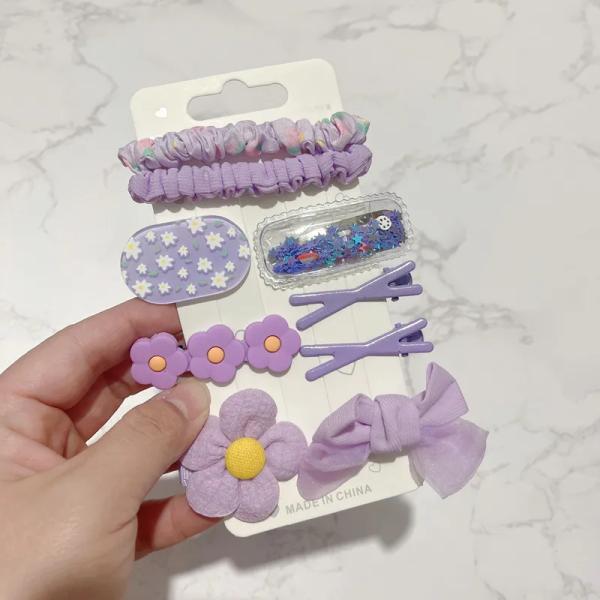 Lavender Bloom Hair Accessories Set | Korean Cute Hair Clip & Scrunchie Collection (8 Pcs)